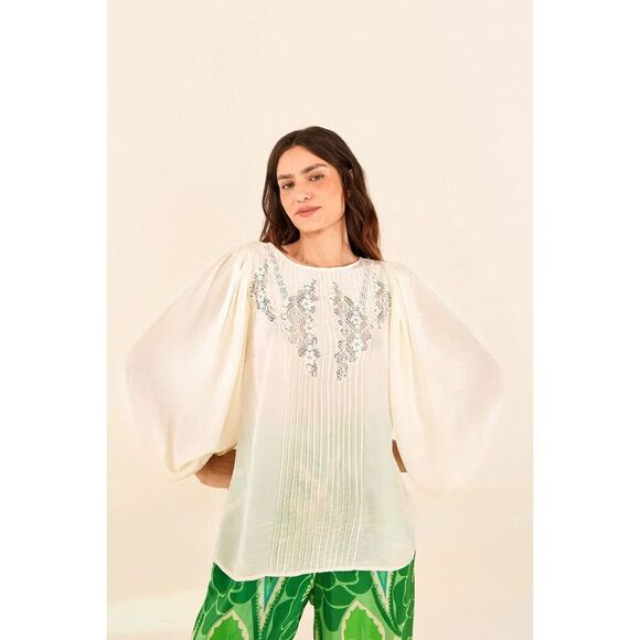 Farm Rio Anthropologie Off-White Pullover Lace Blouse Womens Size Medium - Picture 1 of 7